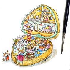 a drawing of an open suitcase filled with toys and other items next to a pen