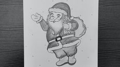 a black and white drawing of santa clause holding a sack of presents in his hand