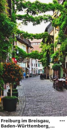 a cobblestone street lined with tables and chairs