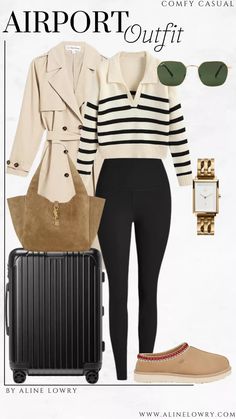 Amazon Airport outfit idea - striped sweater, long trench coat, suede bag