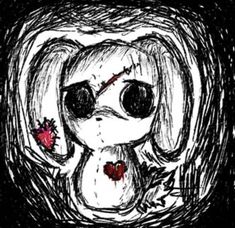 a drawing of a creepy doll with blood on it's face