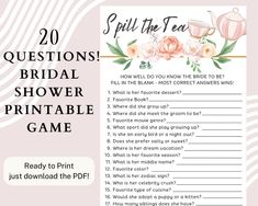 the printable bridal shower game is shown with flowers and teapots on it