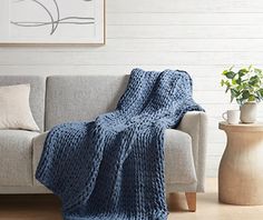 a couch with a blue blanket on top of it next to a potted plant