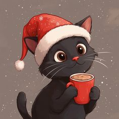 a black cat wearing a santa hat holding a cup of coffee