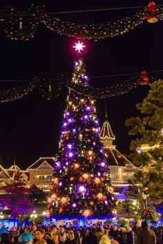 a large christmas tree is lit up at night