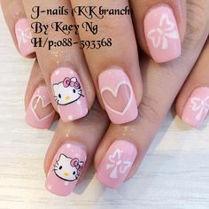 My Melody Nails For Kids, Small Hello Kitty Nails, Hello Kitty Nails For Kids, Uñas Hello Kitty, Hello Kitty Nail Art, Easter Nails Design Spring, Kids Manicure, Paznokcie Hello Kitty