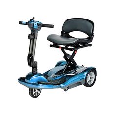 a blue scooter with a seat and foot rest on the front wheel is shown