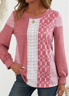 Color:Pink;Size:M;Size:L;Size:XL;Size:XXL;Package Contents:1 X Sweatshirt;Occasion:Other;Style:Casual; Pink Patchwork, Chic Sweatshirt, Color Block Tee, Pink Round, Round Neck Sweatshirts, Pink Long Sleeve, Print Pink, Long Sleeve Sweatshirt, Women Hoodies Sweatshirts