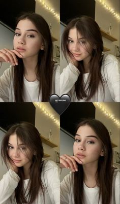 four different pictures of a woman with long brown hair and white shirt looking at the camera