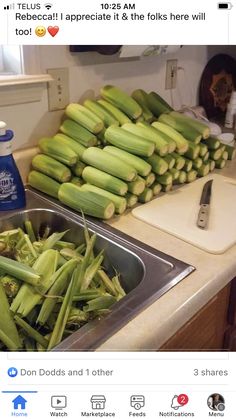 there is a sink full of green vegetables on the counter and in front of it