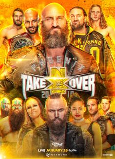 an image of the wwe wrestlers in front of a poster for their upcoming event, take over