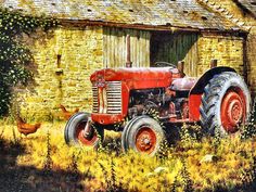 an old red tractor parked in front of a brick building with chickens on the grass