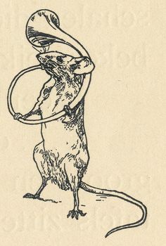 a drawing of a mouse holding a hoop in it's mouth and wearing a hat