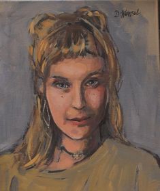 an oil painting of a woman with blonde hair and piercings on her neck, wearing a yellow shirt