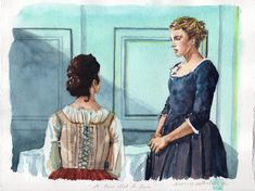 a watercolor painting of two women standing in front of a window looking at each other