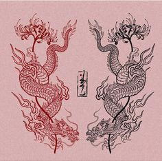 two red and black dragon designs on a pink background