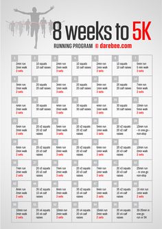 the 8 weeks to 5k workout plan is shown in red and white with an image of