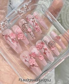 Almond Nails With Flower Charms, Sangjit Nail Art, Petal Nails, Chinese Nail Art, Chinese Nails Designs, Chinese Nails, Nails Hand Painted, Asian Nails, Punk Nails