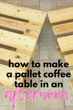 two wooden benches sitting next to each other on top of a tile covered floor with the words, how to make a pallet coffee table in an afternoon