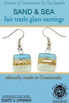 Dream of sand and sea vacations wearing these ethically made ocean blue glass earrings. These are lightweight and part of Dunitz & Company's fair trade jewelry collection. Click to find other colors that will suit all of your fashion forward outfits. Makes great affordable gifts too. Summer Glass Jewelry As A Gift, Summer Glass Jewelry For Gifts, Summer Glass Earrings For Gift, Artisan Summer Earrings For Gift, Artisan Summer Gift Earrings, Nickel-free Recycled Glass Earrings As Gift, Nickel-free Glass Drop Earrings, Adjustable Multicolor Glass Earrings, Handmade Glass Square Pendant Jewelry