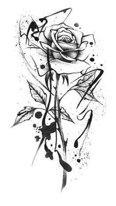 a black and white drawing of a rose with water drops on it's petals