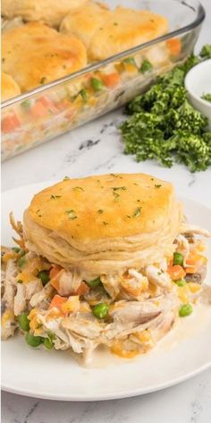 chicken pot pie on a white plate next to a casserole dish