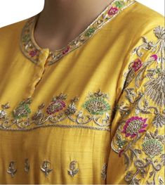 Neck Embroidery Designs, Kurta Set For Women, Yellow Dresses, Embroidery On Kurtis, Kurti Embroidery Design, Couture Embroidery, Embroidery Neck Designs, Embroidery Suits Design