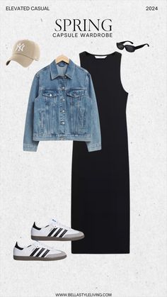 Cotton midi dress - Women curated on LTK Styling Sneakers With Dresses, Black Basic Dress Outfit, Adidas Dress Outfits, Black Denim Dress Outfit, Dress With Sambas, Summer Dresses With Sneakers, Japan Spring Outfit, Black Dress Sneakers, Denim Dress Outfit Ideas