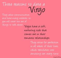 a pink background with the words, three reason to date a virgo and two other things