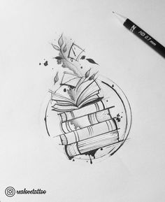 a pencil drawing of a book and pen on top of a paper with ink splots