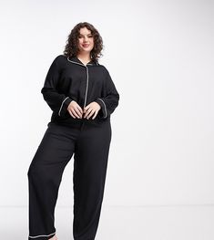 ASOS DESIGN Curve modal shirt & trouser pyjama set with contrast piping in black Shirt Trouser, Plus Size Pajamas, Straight Fit Pants, Revere Collar, Contrast Piping, Fitted Trousers, Fit Pants