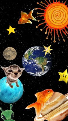 an image of cats and planets in the sky