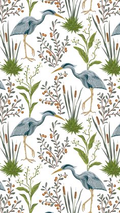 a pattern with blue herons and plants on white background, watercolor style illustration