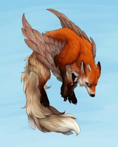 a red fox flying through the air with its wings spread out and it's eyes open