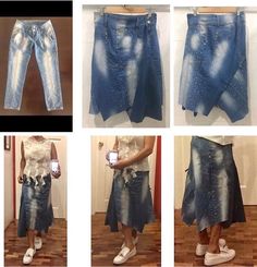 four different views of a woman's jean skirt with sequins on it