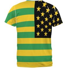 This Old Glory design is printed on a polyester, classic fitted, crew neck, short sleeve t-shirt. Featuring a Jamaican American flag design all over. The dye sublimation printing process creates slight imperfections that are unique to each garment. Yellow Sublimation Print Short Sleeve T-shirt, Yellow T-shirt With Sublimation Print, Yellow T-shirt With Sublimation Print Short Sleeves, Yellow Short Sleeve T-shirt With Sublimation Print, Fitted Green Sublimation Crew Neck Shirt, Fitted Green Sublimation Crew Neck, Green Sublimation Print T-shirt For Fan Merchandise, Green T-shirt With Sublimation Print For Fans, Green T-shirt With Sublimation Print Fan Apparel