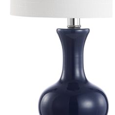 a blue lamp with a white shade on it