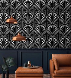 an art deco wallpaper design in black and white with gold accents on the walls