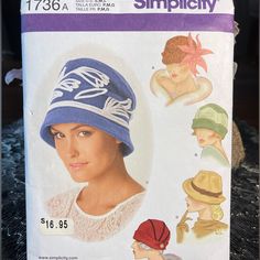 Simplicity Sewing Pattern #1736a Uncut Misses 1920 & 1930 Hat In 5 Different Styles. Misses Hat In 3 Sizes. Flapper, 1920's, Cloche, Costume By Theresa Laquey 2012 Uncut New Head Size: Small 21′ Medium 22″ Large 23″ Cloche Hat Pattern, Vintage Style Hat, Fleece Hats, Hat Patterns To Sew, Retro Hats, Simplicity Sewing, Couture Vintage, Simplicity Sewing Patterns, Sewing Pattern Sizes