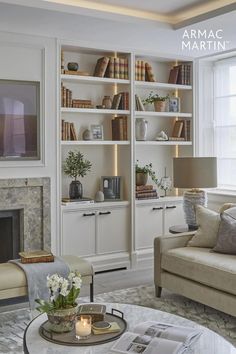 a living room filled with furniture and bookshelves next to a fire place in front of a window