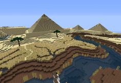 an image of a desert with pyramids and trees in the background that is minecraft