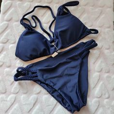 Nwt Zaful 2-Piece Navy Blue Bikini With Braided Stretch Straps And Trim And Padded Top. Women's Size Small. 82% - Polyamid 18% - Elasthan Navy Triangle Top Swimwear For Summer, Summer Navy Triangle Top Swimwear, Summer Style Navy Triangle Top Swimwear, Navy Halter Neck Swimwear For Summer, Navy Triangle Top Swimwear For Beach, Navy Swimwear For Summer Beach Party, Navy Swimwear For Beach Party In Summer, Navy Halter Neck Swimwear For Beach, Navy Summer Swimwear For Beach Party