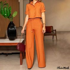 Olivia Mark - Stylish Solid Color Tailored Collar Top with High-Waisted Wide Leg Pants Short Sleeve Tops Casual, High Waisted Wide Leg Pants, Elegant Blouses, Short Sleeve Cropped Top, Ankle Length Pants, Solid Clothes, Women's Summer Fashion, Wide Leg Trousers, High Waisted Pants