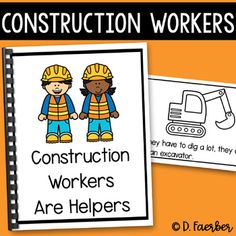 construction workers worksheet with two pictures on the front and back cover, in orange background