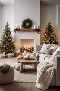 a living room filled with furniture and christmas trees