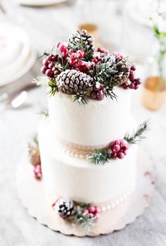 a three tiered cake with pine cones and berries