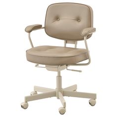 an office chair with wheels on the back and seat upholstered in beige leather