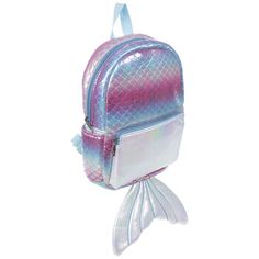 Send your little one off to school with a fun and functional accessory like this Mermaid Backpack. This eye-catching backpack is pink, blue, and white with an iridescent sheen, covered in scale designs, and has a mermaid tail dangling from the bottom of it. Open the zipper at the top to reveal a spacious storage compartment, and there's a smaller storage pouch on the front as well. Use it to ensure that your child has everything they need when they leave the house! *No discounts may be applied t Adjustable Standard Backpack For Students, Trendy Adjustable Bags For Back To School, Blue School Backpack With Adjustable Straps, Adjustable Blue School Bag, Adjustable Blue School Backpack, Adjustable Blue School Bags, Cheap Student Backpack With Unicorn Print, Disney Mini Backpack Ariel, Mermaid Backpack