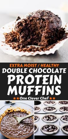 double chocolate protein muffins with text overlay