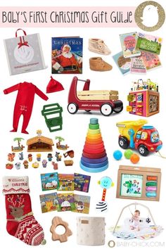 baby's first christmas gift guide with toys, books and gifts for the child